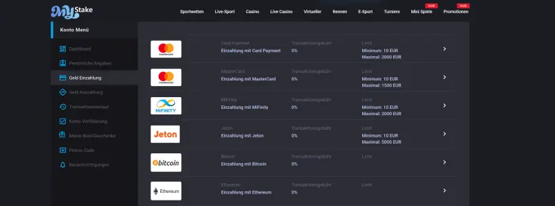 MyStake Casino EInzahlungen